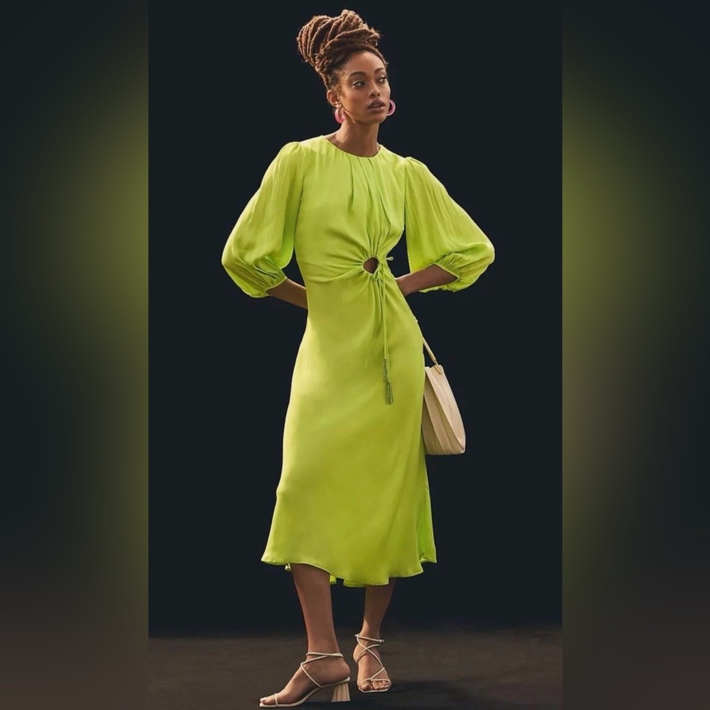 Farm Rio Lime Green Cutout Midi Dress NWT β Balloon Sleeve, Tassel Tie